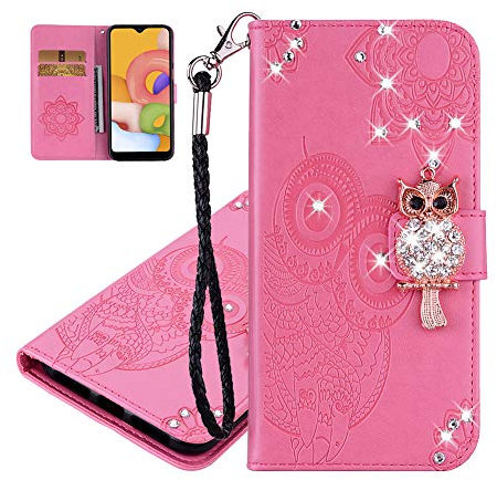 IMEIKONST Glitter case for iPhone 11 Owl Embossed Sparkly Gems Shockproof PU Leather Wallet Flip Stand Card Slots Magnetic Silicone Bumper Folio Cover for iPhone 11 Owl Pink YK
