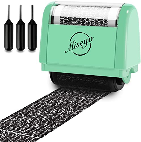 Miseyo Identity Theft Protection Roller Stamp Set - Green (3 Refill Ink) | Personal Data Theft Prevention, Hiding Confidential Information,1.5inch Wide Address Blocker, Easy to Scroll, Refillable ink