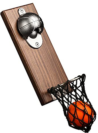 Apribottiglie da basket piatto apribottiglie, apribottiglie, calamita per frigorifero, cavatappi in acciaio inox, montaggio a parete in legno, marrone