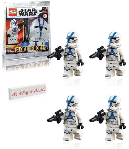 LEGO Star Wars The Clone Wars Minifigur - 501st Legion Clone Trooper mit Blaster und Minifigureland Tile (75280), 4 Stück
