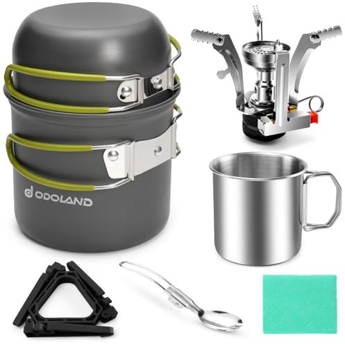 Odoland Camping Cookware Mess Kit, Camping Pot and Pan Set with Mini Backpacking Stove, Stainless Steel Cup, Spork and Tank Bracket, Cooking Gear for Outdoor, Hiking, Picnic, Campfire Green