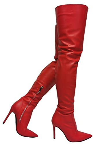 woileRQ Stivali sopra Il Ginocchio Rossi da Donna, Stivali Alti alla Coscia a Punta Sexy, Stivali Jeans Skinny a Tutto fiammifero alla Moda, Stivali Occidentali,Rosso,42