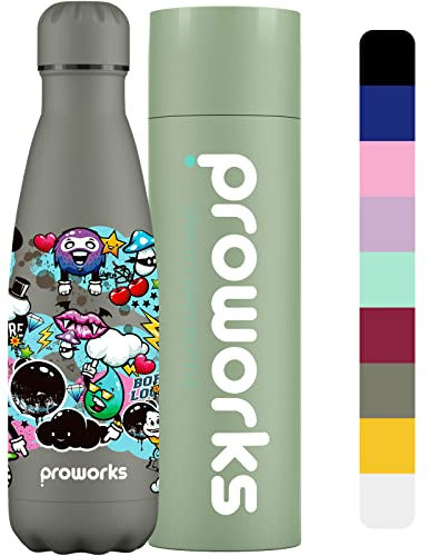 PROWORKS Bouteille d'eau Isotherme, sans BPA, Gourde INOX Reutilisable pour Maintien Chaud de 12 Heures & du Froid Jusqu’à 24 Heures, Sport, Gym, Voyage 500ml - Gris Gravité - Graffiti