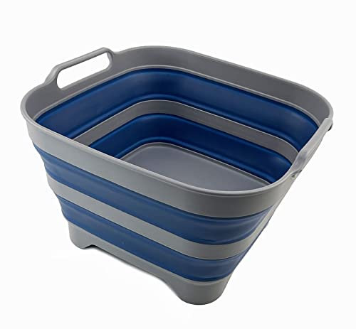 SAMMART 10L Collapsible Plastic Dishpan with Draining Plug - Portable Washing Tub/Basin - Foldable Tub - Space Saving Kitchen Storage (Grey/Mist Blue)