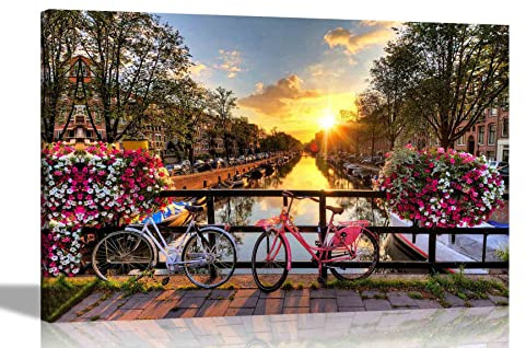 Fahrräder auf Brücke in Amsterdam Sonnenaufgang, Leinwanddruck, Wohnkultur, Wandkunst, Büro, Schlafzimmer, gerahmt, Stadtkunstwerk, groß, 76 x 50 cm