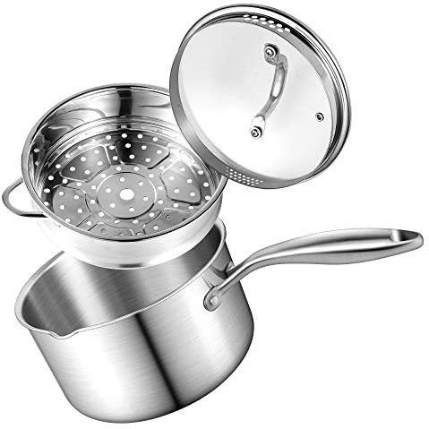 Buttermelt 1.5 Quart Stainless Steel Saucepan with Steamer Basket, Tri-ply Full Body, Multipurpose Sauce Pot with Two-Size Drainage Holes Lid, Perfect For Boiling Gravies, Pasta, Noodles
