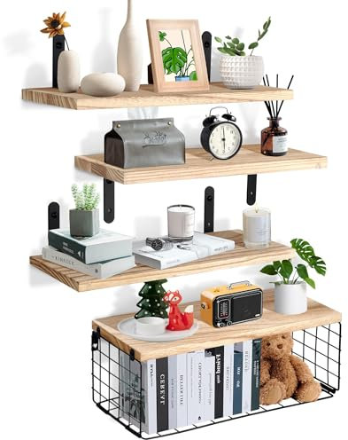 Alyoen Wandregal Holz, Rustikale Aufbewahrungsregale 4er Set, Wohnzimmer Wandregal mit Drahtkorb & Abnehmbar Handtuchhalter, Schweberegal Holz für Badezimmer,Schlafzimmer,Wohnzimmer,Küche,Waschküche