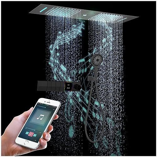 Colonne De Douche Thermostatique Musique, 300x900mm LED 64 Couleurs 4 Fonctions SystèMe De Douche EncastréE, Acier Inoxydable 304, Pluie, Cascade, Colonne D'Eau, Douchette 3 Fonctions(Noir)