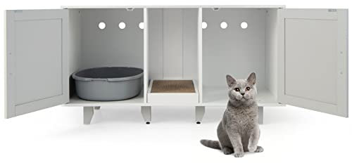 COSTWAY Cajas de Arena para Dos Gatos, Casa de Baño Oculto para Mascota con 2 Puertas, Arenero Cubierto con Entrada Sinuosa y Tablero Rascador, Mesa Auxiliar para Gatos 120 x 52 x 65 cm (Gris)