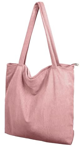 Cord Tasche Damen Umhängetasche Tote Bag Kord Damen Shopper Handtasche mit Reißverschluss Schultertaschen Henkeltasche Große Kapazität für Arbeit Büro Reisen Einkauf Schule Alltag rosa