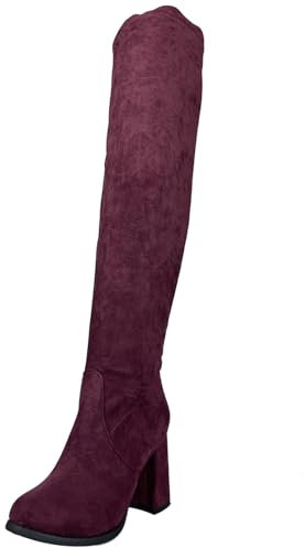 Lroey Reoly Stivali da Donna con Tacco Alto Sopra Il Ginocchio, Stivali da Vestito Punta Rotonda Tacco Alto Stivali Alti Zip, V4902Xl Vino Rosso Numero 34 EU