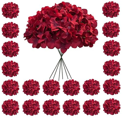 Cherica 20 Stück dunkelrote Hortensien, künstliche Hortensien, künstliche Hortensien, künstliche Seiden-Hortensien mit Stielen, rote Blumen künstlich für Dekoration, Hochzeitsdekoration