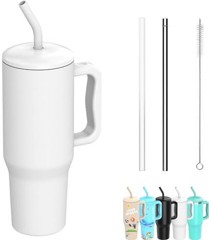 WIOUKUO Thermobecher mit Stroh und Griff, 1100ml Kaffeebecher To Go mit Deckel, Doppelwandiger Edelstahl Vakuum Auslaufsicher Isolierbecher Autobecher für Kalte Heiße Getränke