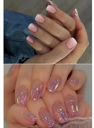 Ceboic 2 Packs (48 Pcs) Press on Short Square Nails - Full Cover Acrylic Gradient Artificial Glue on Set - Pink Purple Glitter Stick on for Women Girls DIY Manicure