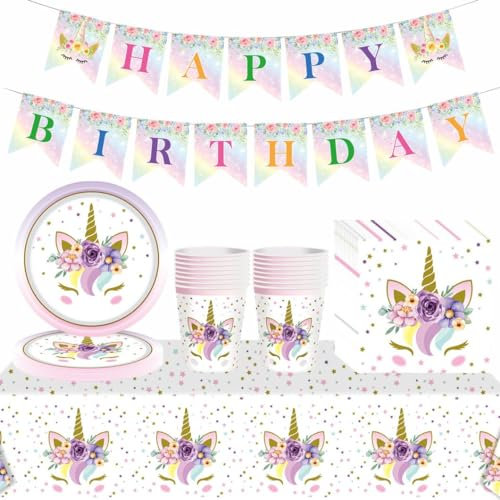 Lot de 54 assiettes en carton de 17,8 cm, bannière, serviettes en papier pour enfants sur le thème de la licorne