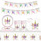 54 piezas de vajilla de fiesta de unicornio para niñas, decoraciones, platos de papel de 7 pulgadas, pancarta, servilletas de papel para niños con temática de unicornio