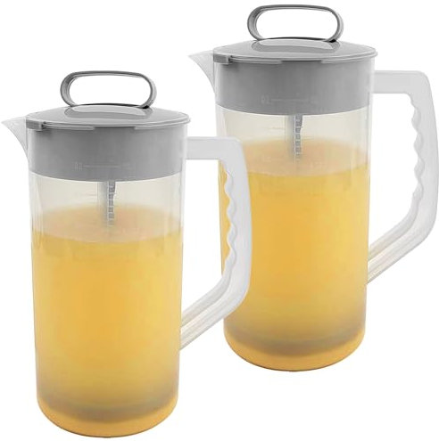 2 Pack Mixing Pitcher for Drinks 2 Quart/ 64oz Plastic Water Pitcher with Lid,Easy-Mix Juice Container,Angled Plastic Blades and Adjustable Mixer Plunger for Juice, Tea, Beverage Container