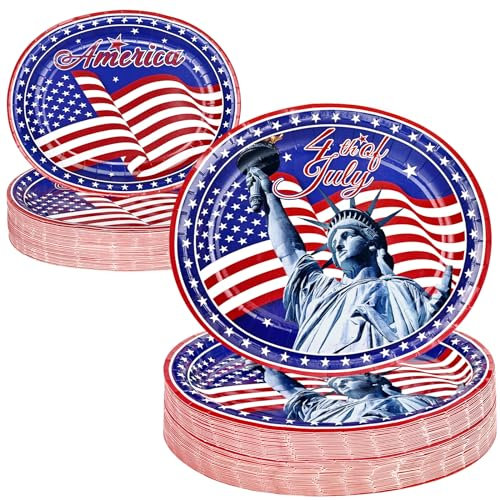 Homlouue 4th of July Plates America Flag Paper Plates Statue of Liberty Oval Disposable Plates, Patriotic Party Supplies for Decoration Veterans Day 4th of July Independence Day, Serves 50