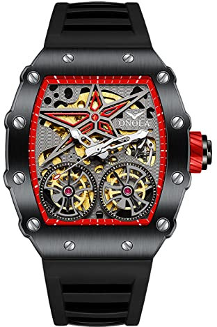 DAXIAOYU Montre mécanique à remontage manuel pour homme - Montre tendance squelette tourbillon - Montre automatique - Bracelet en silicone - Cadran en forme de tonneau, noir