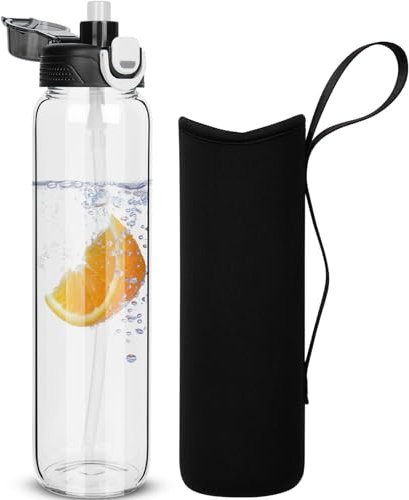 DEARRAY 1 liter Trinkflasche Glas Flasche mit Strohhalm 1l Glasflasche mit Schutzhülle, Auslaufsicher BPA frei Wasserflasche für Sport, Smoothie, Früchte Kohlensäure geeignet