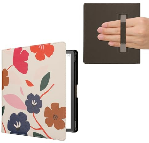 kwmobile Étui Compatible avec Amazon Kindle Scribe (2022/2024) Coque - Étui à Rabat magnétique Tablette eReader Similicuir avec Sangle - Fuchsia-Bleu foncé-crème