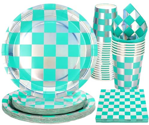 Party Go 96pcs Green White Checkerboard Party Tableware Set Checkered Race Car Party Supplies with Paper Plates Cups Napkins for Racing Car Themed Birthday Baby Shower Party Decor
