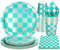 Party Go 96pcs Green White Checkerboard Party Tableware Set Checkered Race Car Party Supplies with Paper Plates Cups Napkins for Racing Car Themed Birthday Baby Shower Party Decor