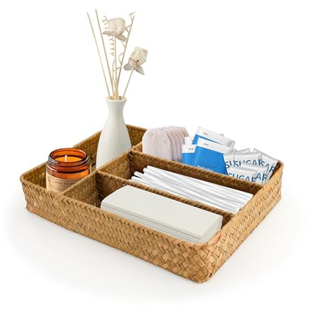 YKUKIZEE 4 Sections Seagrass Rectangular Storage Baskets, Rectangular Rattan Storage Basket Handmade, Natural Bathroom Storage Baskets Tray for Toilet Makeup Tank Top Shelf Organizer 35x25x6 cm
