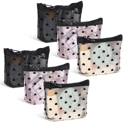 6Pcs Small Makeup Bag Set, Heart Print Mesh Cosmetic Bag for Women Lipstick, Small Make up Bag for Handbag, Portable Mini Storage Pouches with Zipper or Travel Toiletries Purse (3Colors)