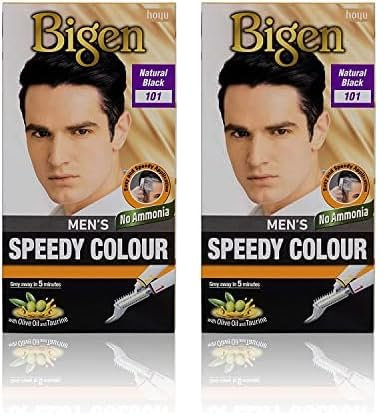 Bigen Men's Speedy Color | Cubre las canas en 5 minutos | Con aceite de oliva | Con cepillo especial - 101 Negro Natural (Paquete de 2)
