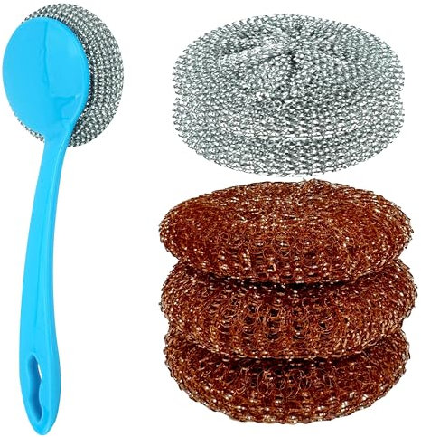 6Pcs Kitchen Cleaning Set, Non-Scratch Handled Scourers with Refill and Copper Mesh Scrubbers for Pots, Pans and Grills, Non-Abrasive Scourers for Effective Cleaning