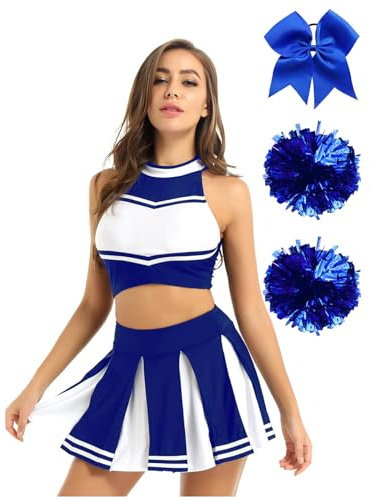 Jugaoge damer cheerleading uniformer sexiga ränder crop top och veckad kjol med glänsande handblommor rosett hår gummi tävling kläder