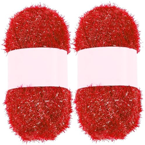 Sparkle Yarn 2Pcs Quick-Dry Polyester Glitter Yarn for Dishcloths Soft & Comfortable Truboo Yarn for Dishcloths, Exfoliating Washcloths, Crochet & Knitting Supplies, Red