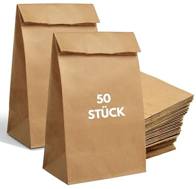 50 Stück braune Papiertüte | Blockbodenbeutel | Groß | 30 x 18 x 13 cm | Kraftpapier | Stabil | Braun | Adventskalender | Geschenktüte | Obsttüte | Brötchen | Natürlich | Take-Away | Geburtstag (50)