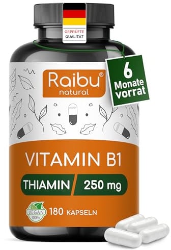 Vitamin B1 (Thiamin) Hochdosiert, 250 mg - 6 Monatsvorrat - Premium Vitamin B1, laborgeprüft & hohe Bioverfügbarkeit - 180 vegane Kapseln, Ohne unerwünschte Zusätze, Raibu