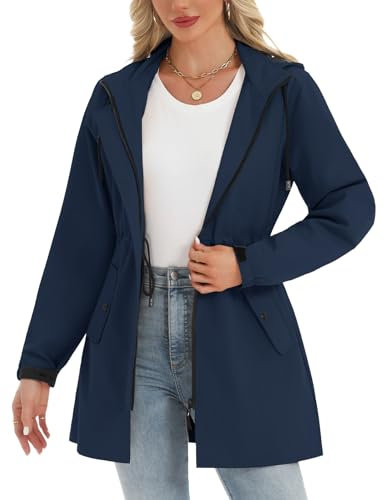 Tuopuda Imperméables Vestes pour Femme Longue Veste de Pluie Manteau à Capuche Coupe-Vent Imperméable Zip Poncho d'Extérieur Vêtement de Pluie à Capuche(Bleu marine,XL)