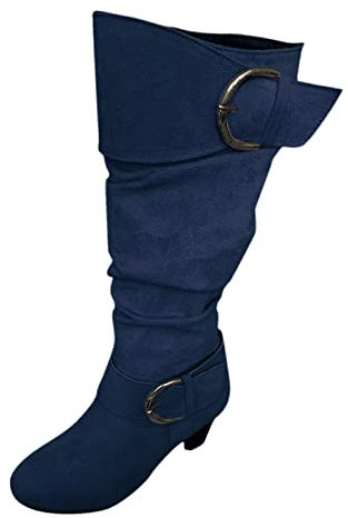 Stivaletti da donna con tacco – Tronchetto con cerniera laterale, a mezza altezza, con fibbia, in pelle scamosciata, con tacco a imbuto, stile vintage, Blu marino, 37 EU
