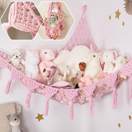 Lunriwis Filet de rangement pour peluches, macramé bohème, sac de rangement, sac de rangement, filet de rangement pour jouets, chambre d'enfant, rose