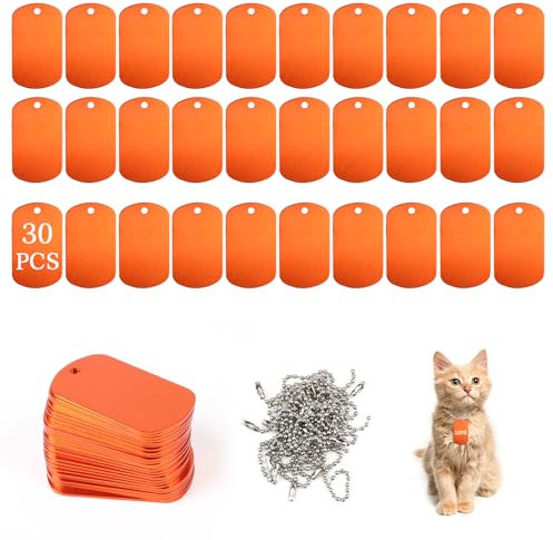 LALAGO 30 Stück Gelochte Blanko-Hundemarke aus Aluminium, Schlüsselanhänger Rohlinge, Orange Hundemarken, Aluminium Haustiermarken mit Kette für Hunde Dog Tag, Hundemarke Personalisiert DIY