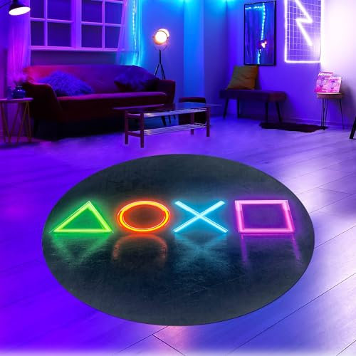 CARPETIA Teppich Rund Wohnzimmer rutschfest LED-Optik flach pflegeleicht strapazierfähig Jugendzimmer Gaming-Ecke langlebig modernes Design Coole Optik in Schwarz & Neonfarben 120 cm Rund