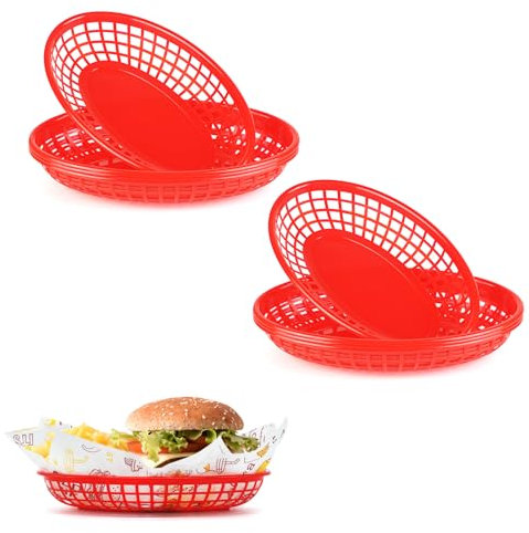 JJWNMLL Food Baskets, 8PCS Red Reusable Plastic Oval Fruit Basket for Burgers,Fries,Sweets,Crisps,Party,Picnics,BBQ