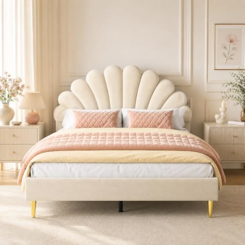 Julyue Polsterbett 140x200 cm, Doppelbett aus Samt mit blumenförmigem, höhenverstellbarem Kopfteil, Bettrahmen mit Lattenrost, Beige, goldene Beine, für Schlafzimmer & Jugendzimmer, ohne Matratze