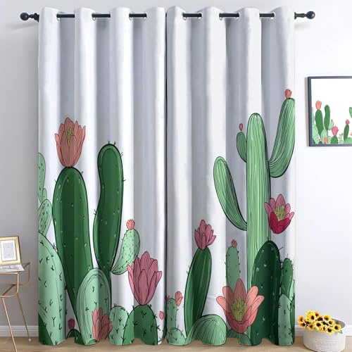 160 x 70 cm Verdunklungsvorhänge 2er Set, Cartoon-Pflanze Kaktus Thermovorhang Hitzeschutz - Vorhang Blickdicht mit Ösen - Thermovorhang-Gardinen für Wohnzimmer Schlafzimmer, Licht