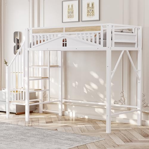 Rosebibi Cama alta de metal, 90 x 200 cm, borde de seguridad único con ventana, con escalera de seguridad, suficiente espacio debajo de la cama para una cubierta de tela libre (blanco1)