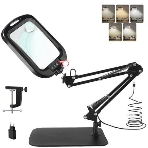 GABORISH 10X 30X Tischlupe mit Licht und Ständer, Rechteckige Lupenlampe mit 60 LED 5 Farbmodi und Dimmbar, Händefrei Standlupe mit Licht, 2-in-1 Lupenleuchte mit Klemme&Sockel für Lesen Naharbeit