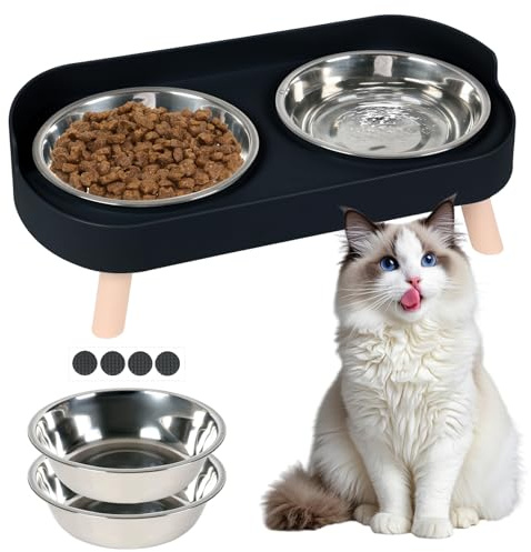 Widisun Cat Bowls with Stand Tilted Elevated Cat Food and Water Bowl Set | Stainless Steel Double Tilted Cat Feeding Dish for Small Dogs, Non-Slip Design for Neck Relief (Black)
