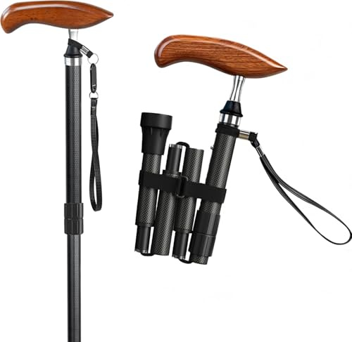 Intercare Gehstock aus Holz – Faltbarer Gehstock aus Kohlefaser für Männer und Frauen, leicht, verstellbar, zusammenklappbar, Reisestock mit Holzgriff und Handgelenkschlaufe, unterstützt 85-95 cm