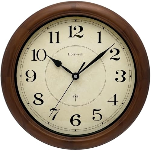 Holzwerk(Funk) 35 cm Natur Vintage Retro Holz Funk Glas Rund Wanduhr Holz-Uhr Funkwanduhr Funkuhr nahezu lautloses Uhrwerk Massivholz 14 Zoll Braun Beige große Ziffern (HW.Braun.)