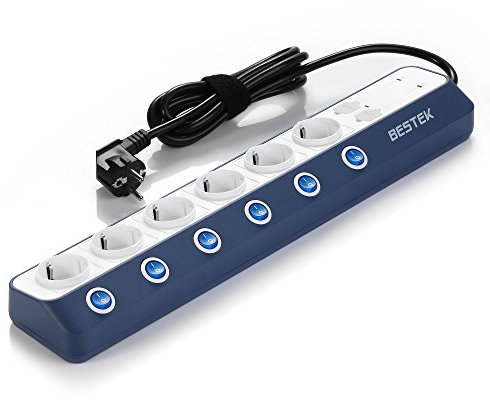 BESTEK Regleta Enchufes 900J Cable de Extensión de Pared con Extensión de Protector contra Sobretensiones con Interruptor, 6 Tomas y 4 Puertos USB, 3600W, Azul y blanco.