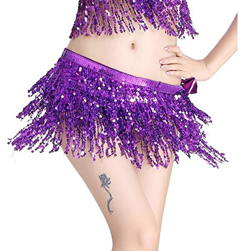 MUNAFIE Pailletten Rock, Glitzer Rock, Bauchtanz Hüfttuch Rave Festival Outfit Damen Lila